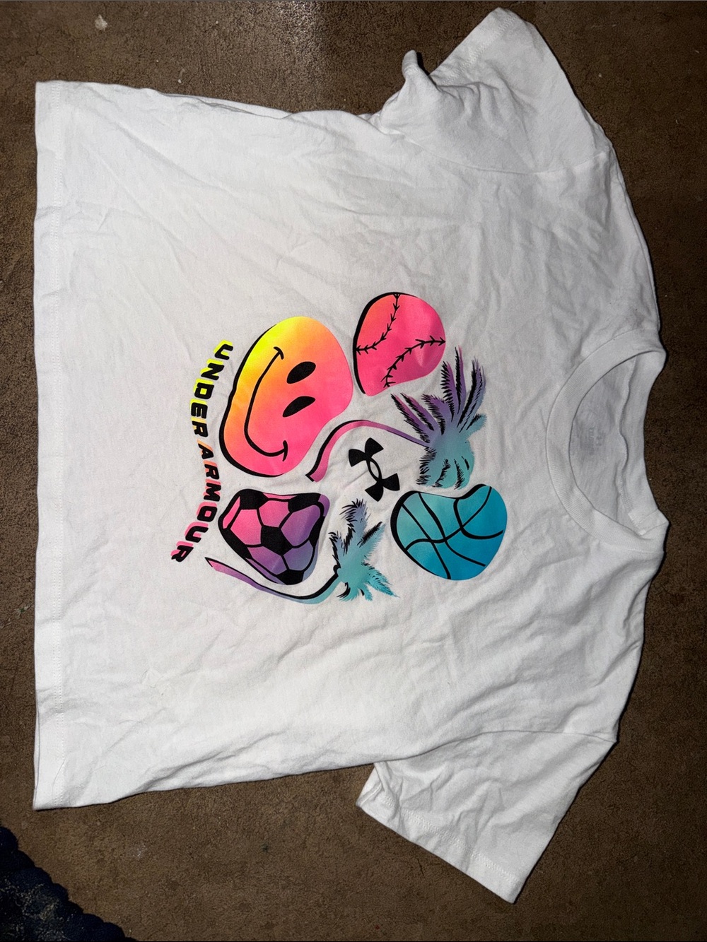 Under Armour White Tee with Neon Multicolor Sports Icons